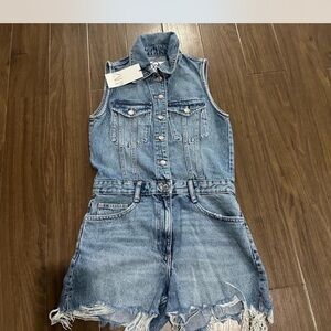 Zara Light Denim Sleeveless Romper with Frayed Hem